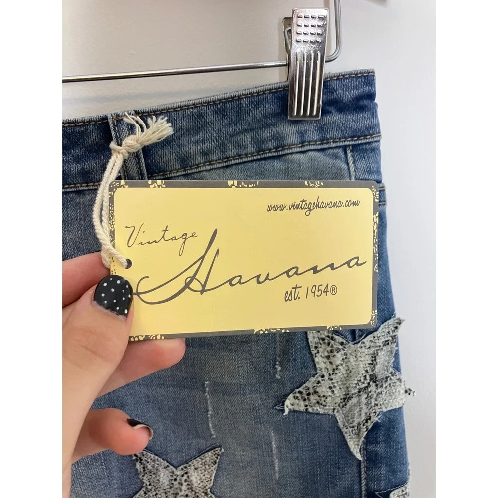 Vintage Havana Jean Shorts Womens 28 Blue NWT Star Applique Distressed Cut Off